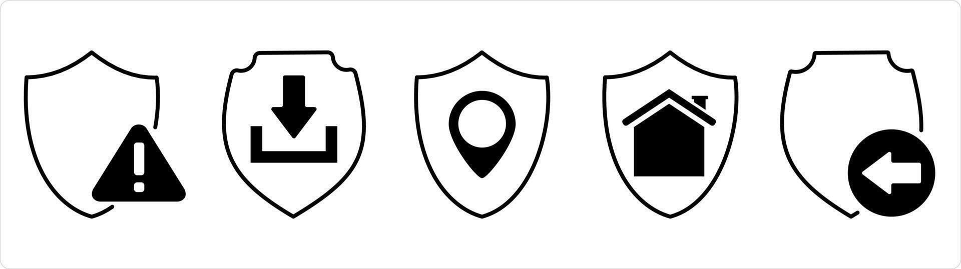 A set of 5 internet icons as shield error, download shield, location shield in black line color vector