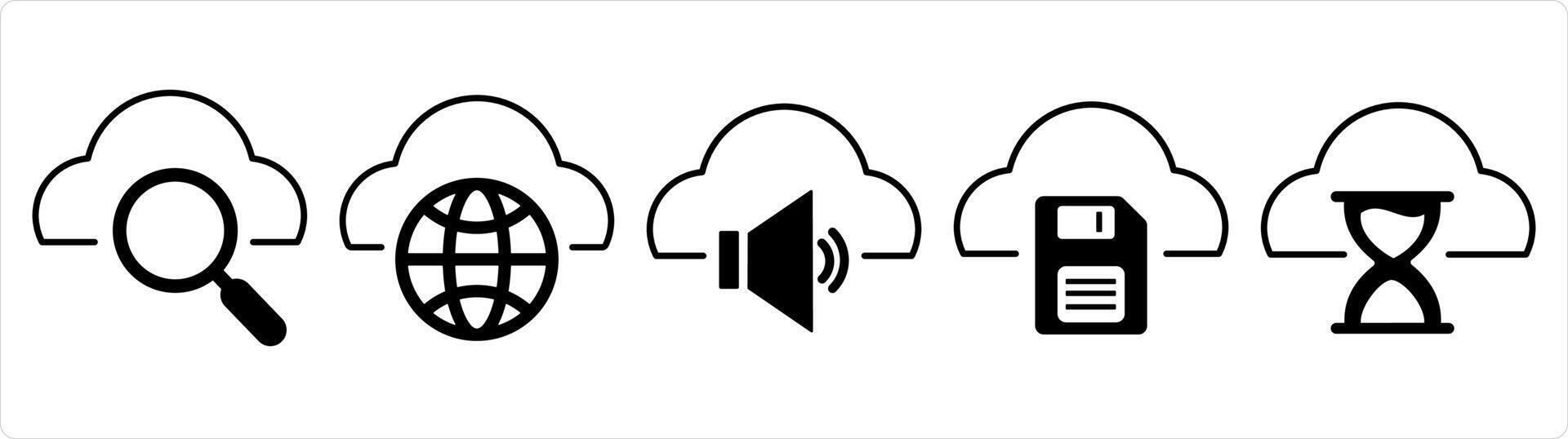 A set of 5 internet icons as search cloud, global cloud, cloud volume in black line color vector