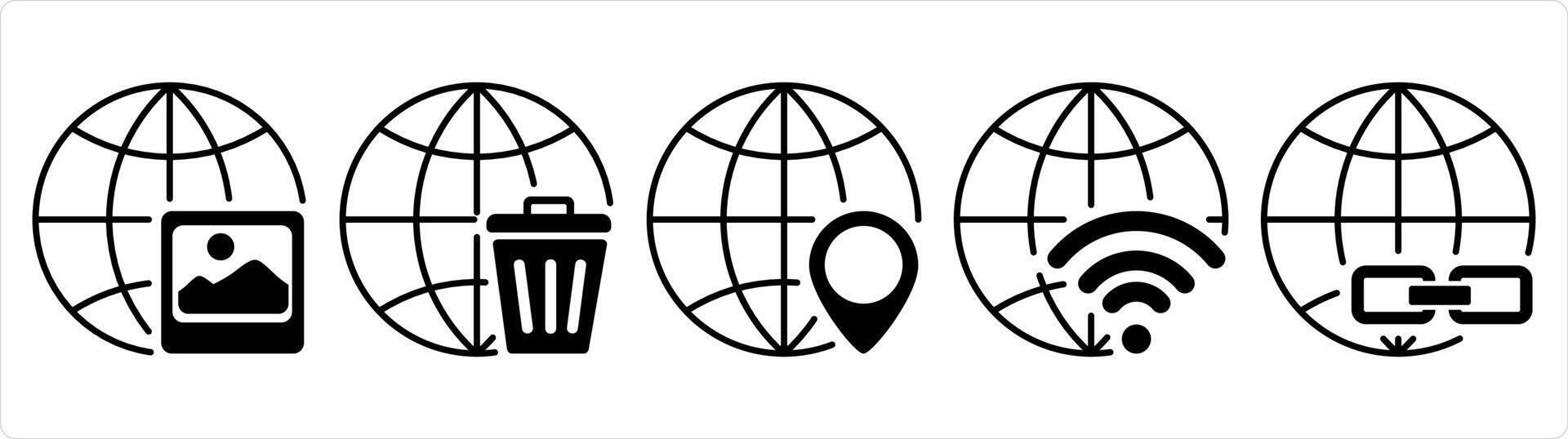 A set of 5 internet icons as global image, trash globe, global location in black line color vector