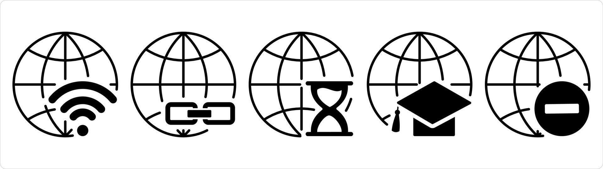 un conjunto de 5 5 Internet íconos como global Wifi, enlace global, global reloj de arena en negro línea color vector