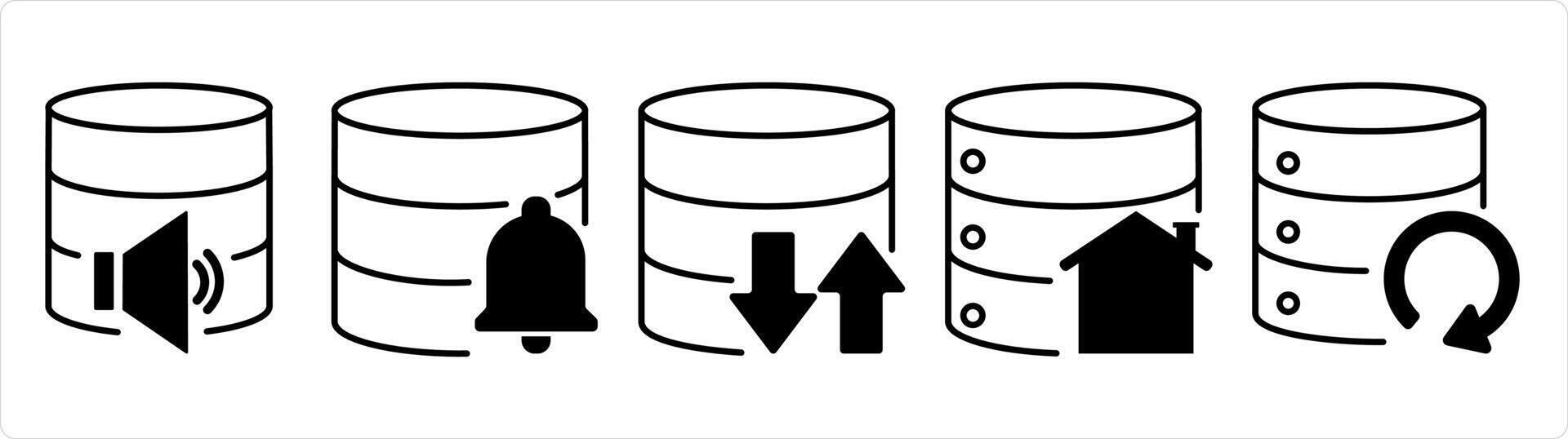un conjunto de 5 5 Internet íconos como servidor notificación, sincronizar servidor en negro línea color vector