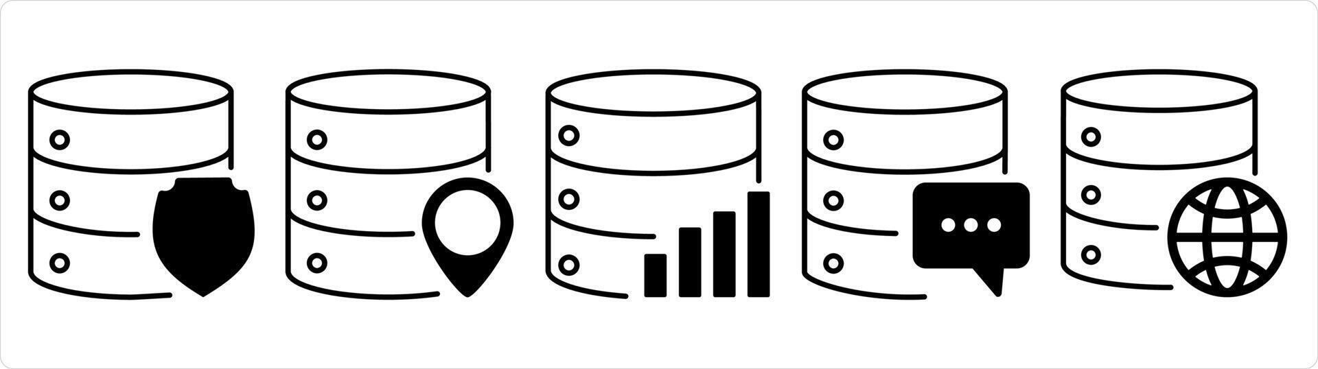 un conjunto de 5 5 Internet íconos como servidor proteger, servidor ubicación, servidor estadística en negro línea color vector