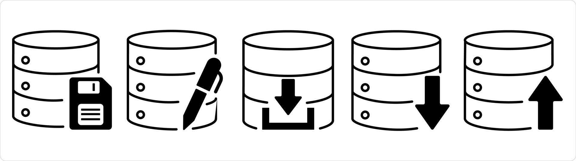 A set of 5 internet icons as server memory card, edit server in black line color vector