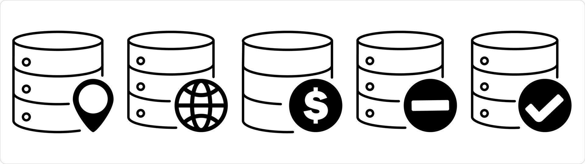 A set of 5 internet icons as update server, global server, finance server in black line color vector