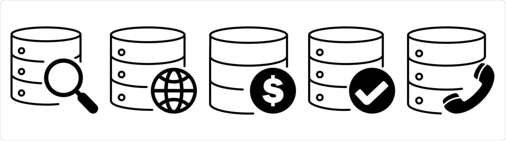 A set of 5 internet icons as global search, global server, finance server in black line color vector