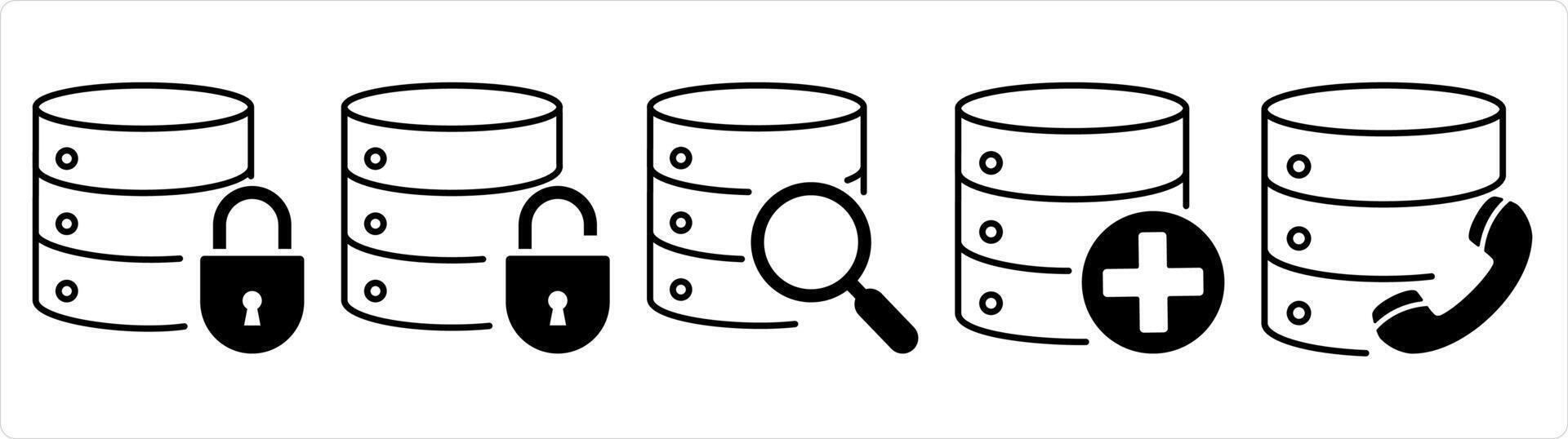 A set of 5 internet icons as server security, global search, add search in black line color vector