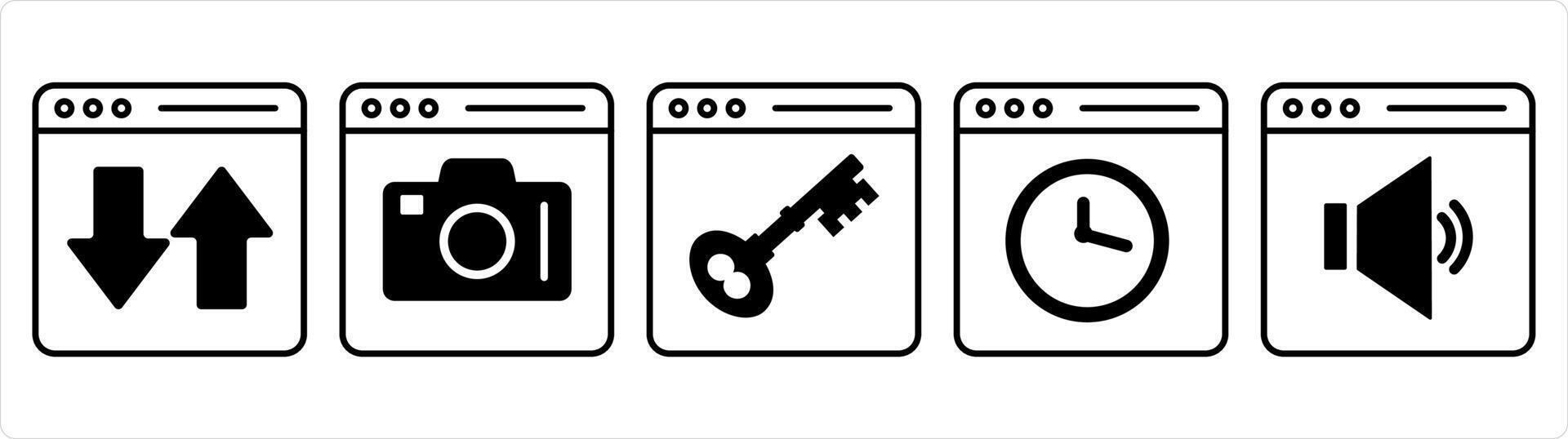 A set of 5 internet icons as synchronize webpage, online photography, webpage protection in black line color vector