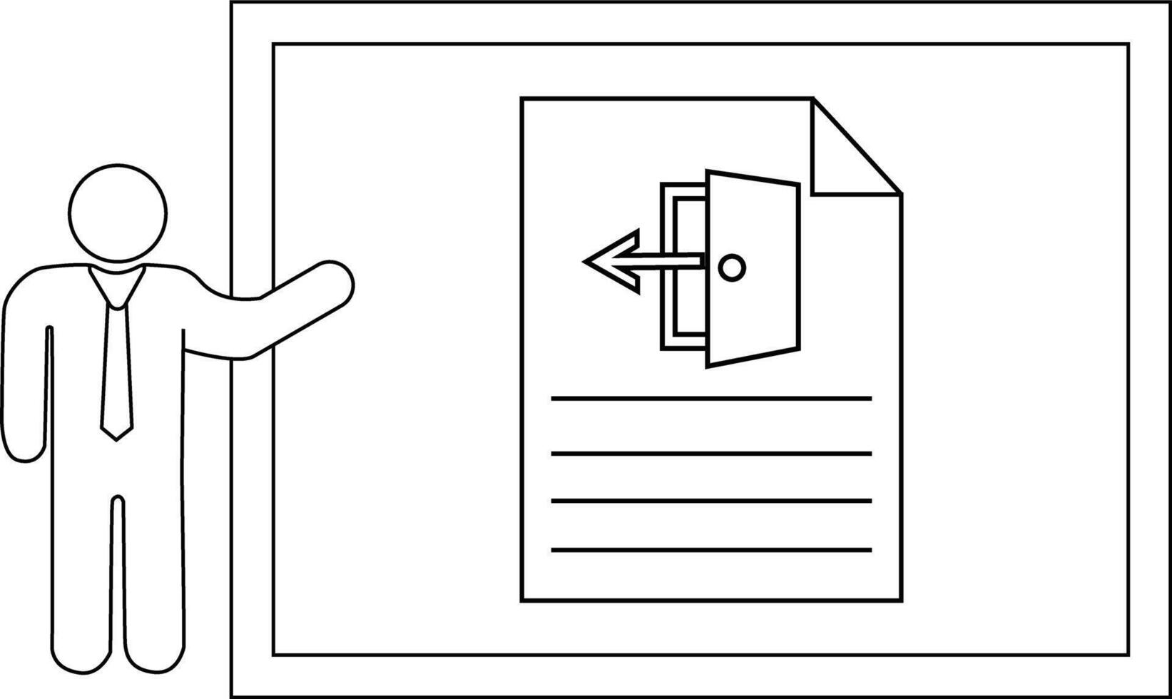 A man stands beside a screen showing a document with an exit sign on it vector