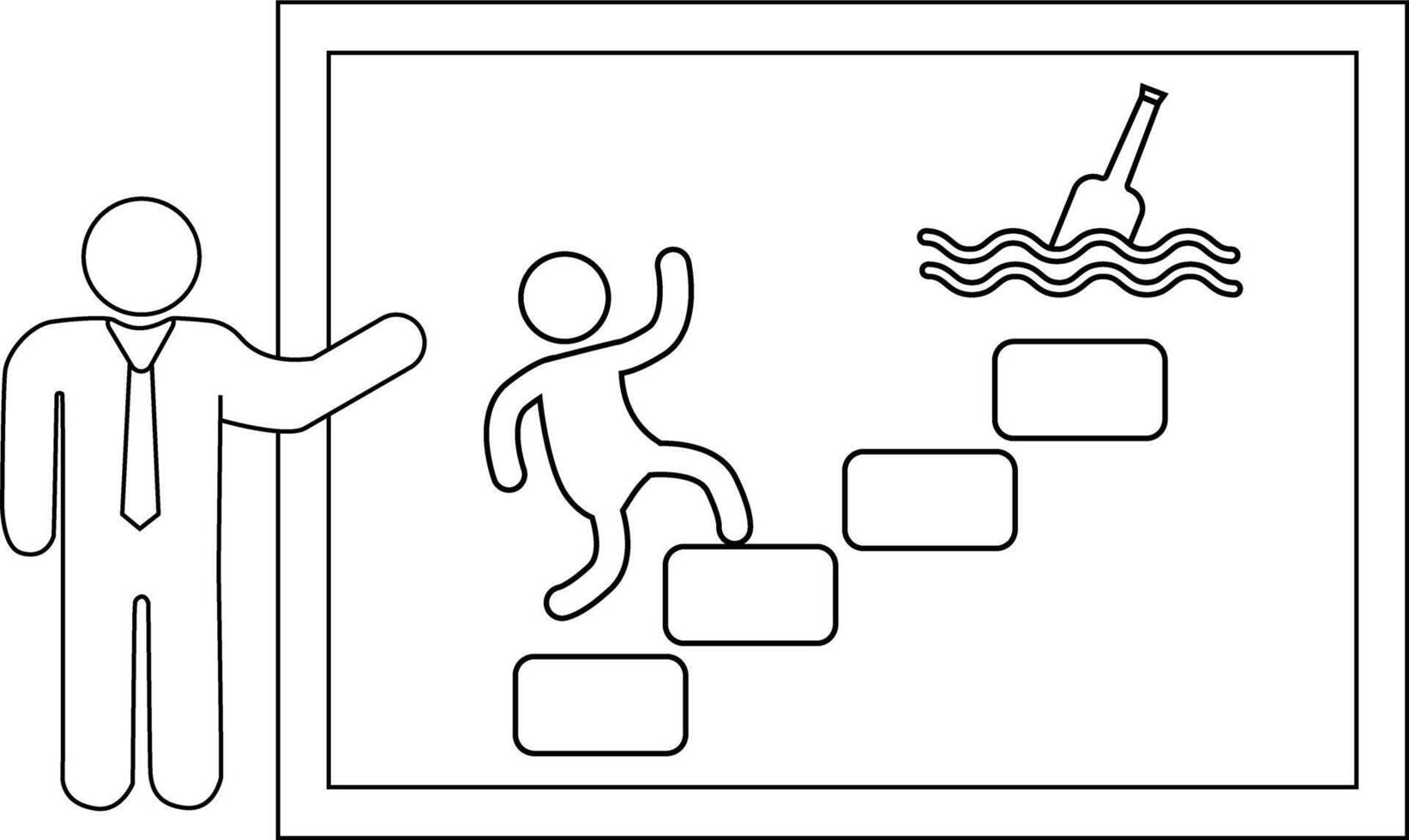 A stick figure climbs steps towards a bottle in water as a man gestures to the scene framed by a double border vector