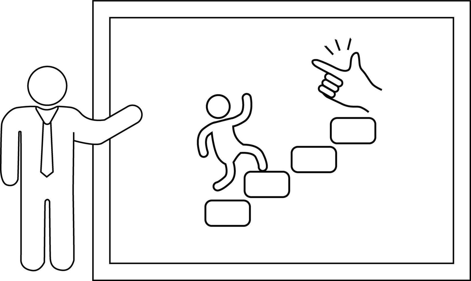 Man presenting diagram of stick figure climbing steps toward snapping hand vector