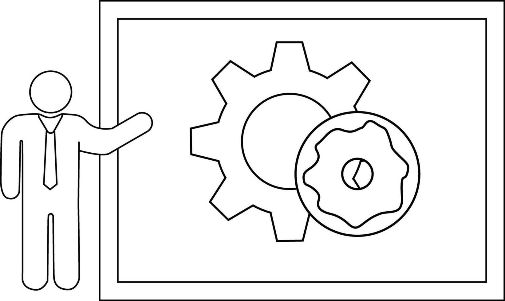 A stickfigure presents a chart of a gear and doughnut within a bordered frame vector