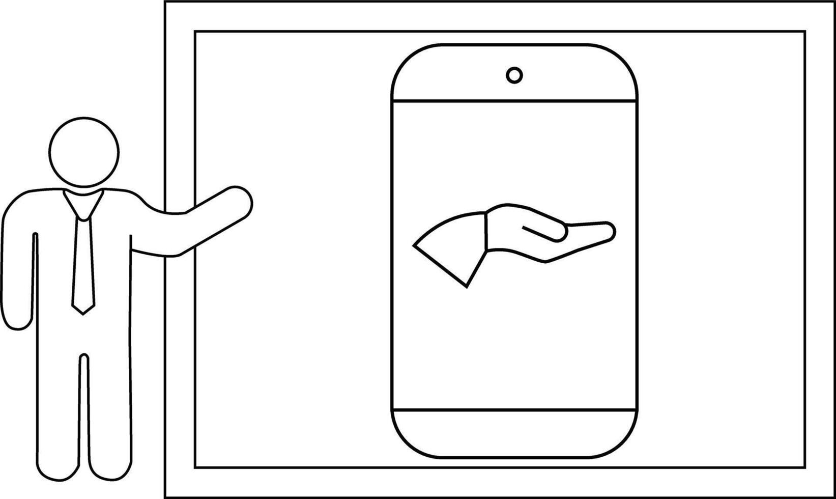 Line drawing of a presenter gesturing to a phone display showing a hand icon set against a bordered background vector