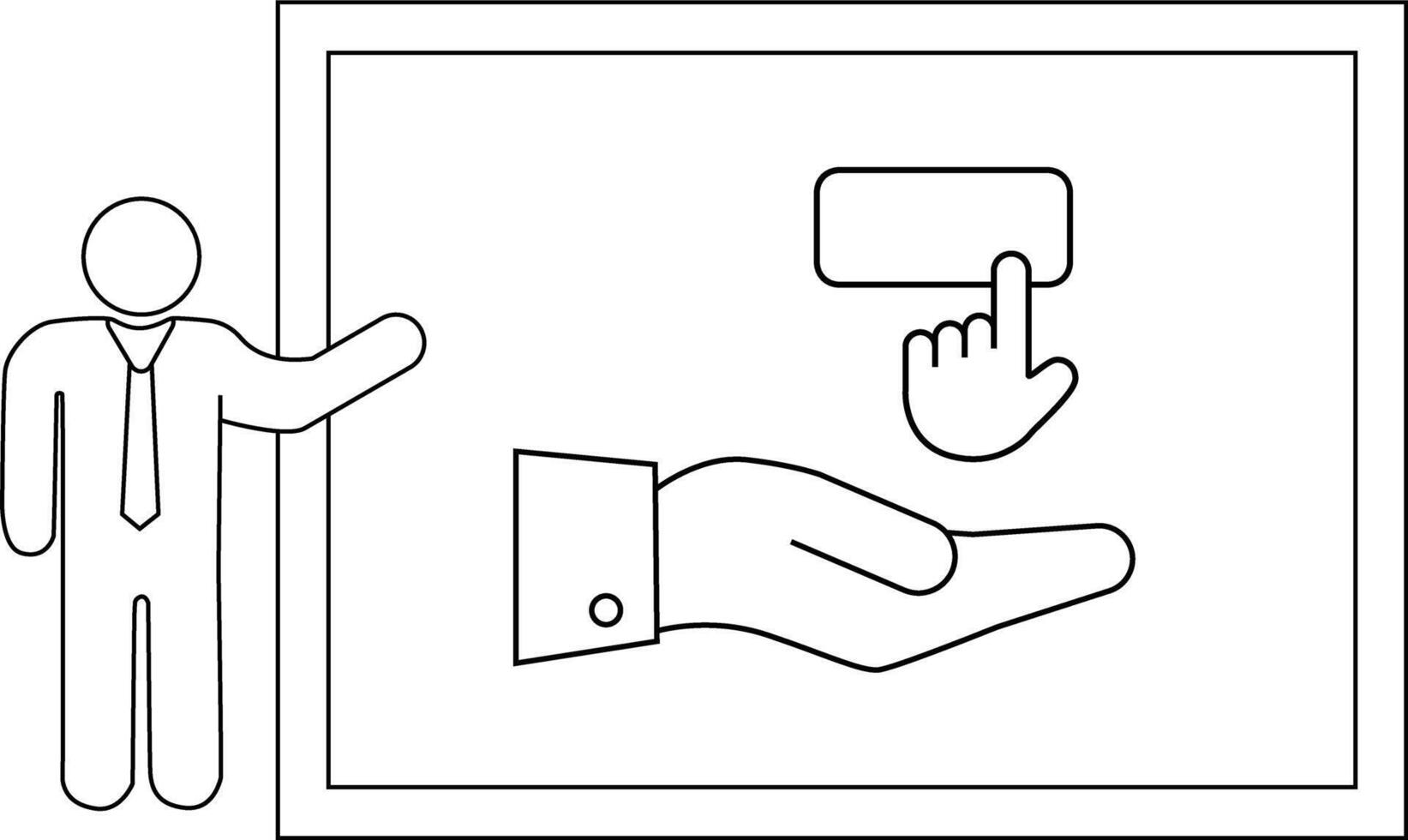 A stickfigure presenter gestures towards a graphic depicting a hand offering a button vector