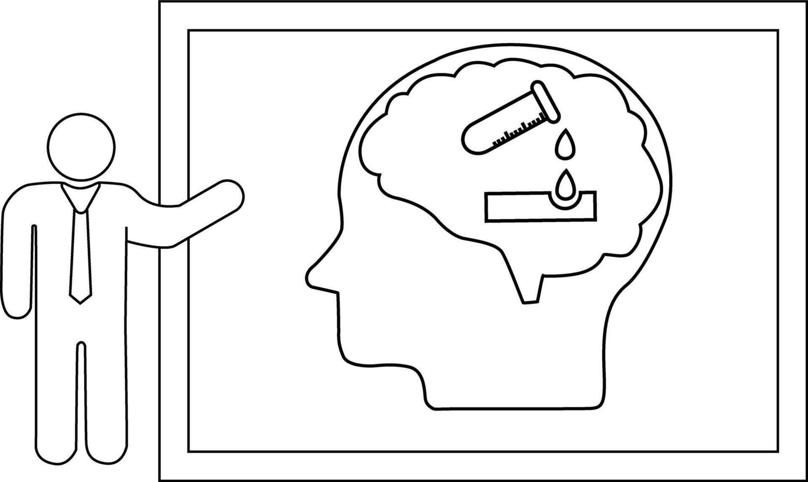 A person presents a framed head with a test tube dripping liquid into a container within the brain vector
