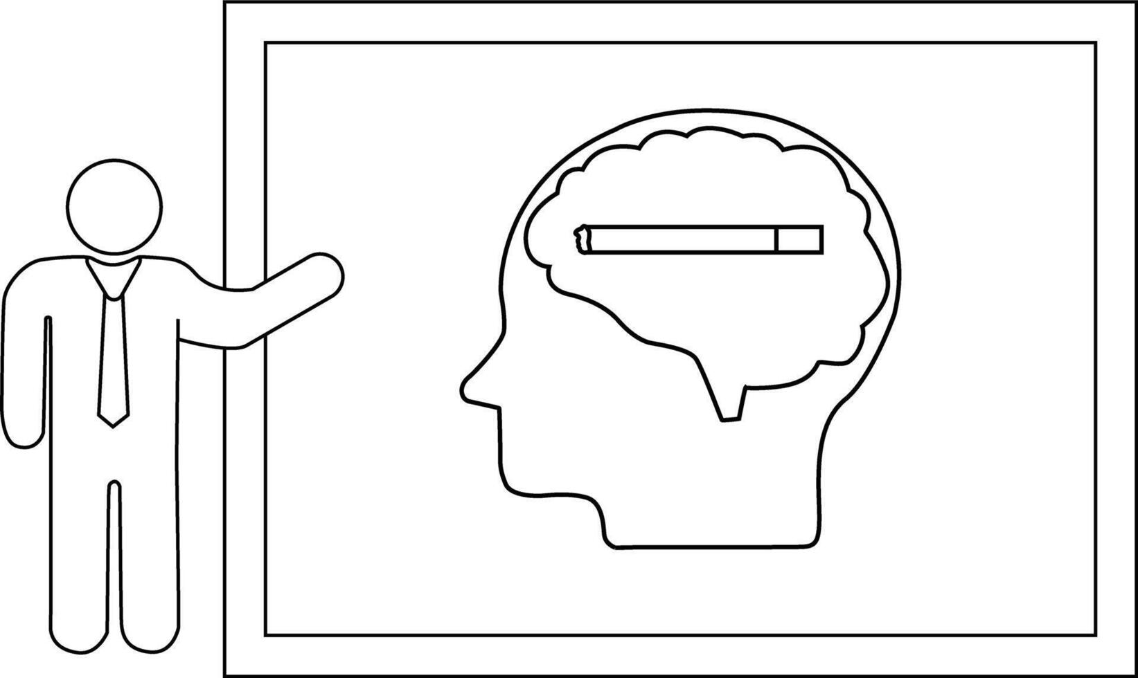 A presenter points to a graphic of a head with a cigarette in the brain set within a framed presentation board vector