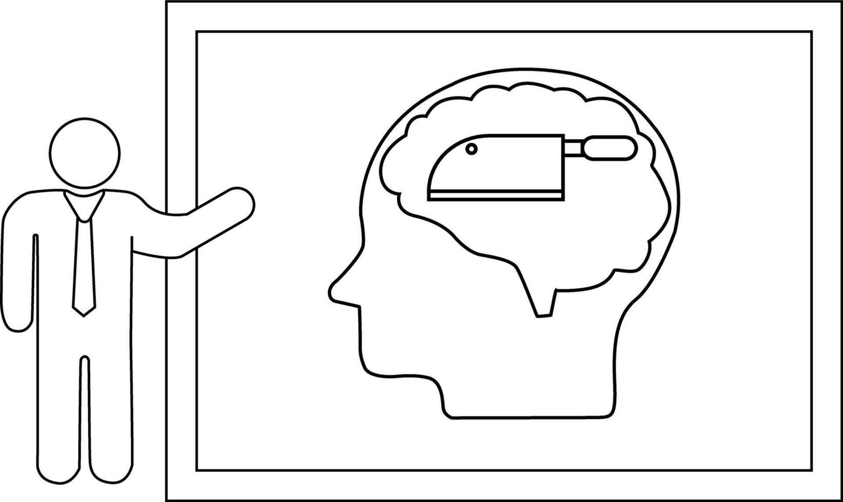 A stick figure is pointing at a graphic of a head with a meat cleaver in the brain vector