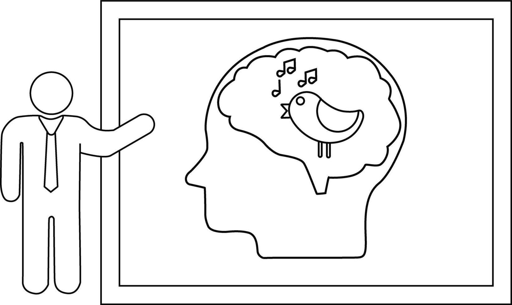 A stick figure presents a head outline Inside the brain there is a singing bird with musical notes above vector