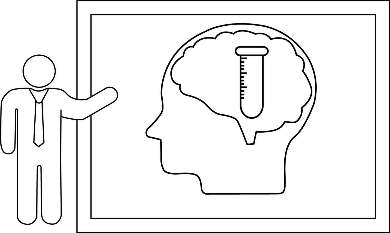 Line drawing shows a presenter pointing at a brain diagram featuring a test tube vector