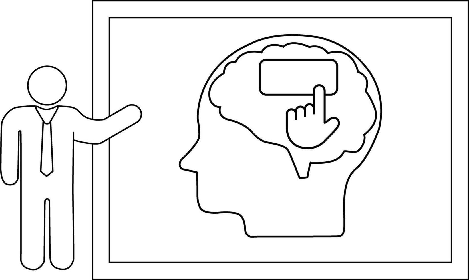 Outline image business person presents screen displaying brain with hand pressing button vector