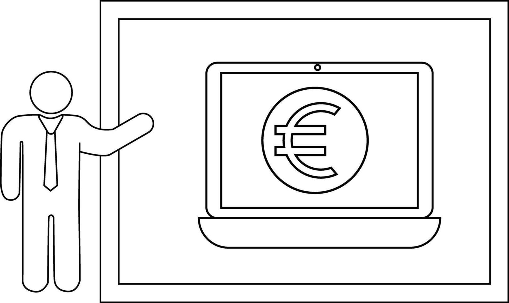A stick figure presenting a laptop displaying a euro symbol on its screen within a bordered area vector
