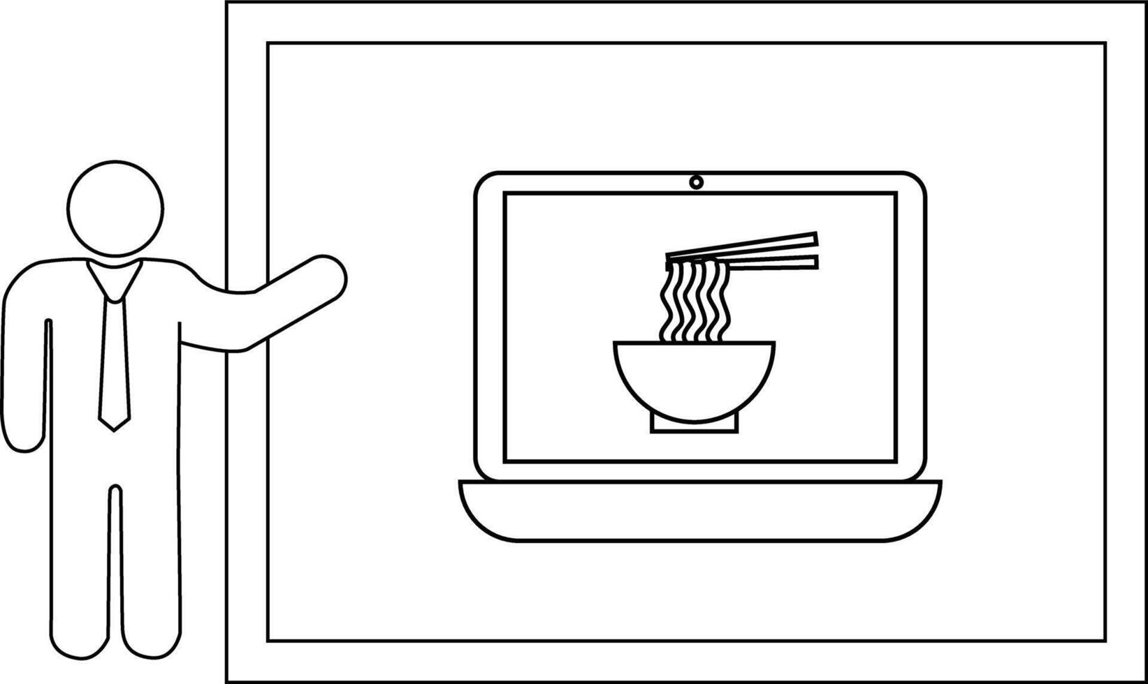 An outline image depicts a figure pointing to a laptop showing noodles vector
