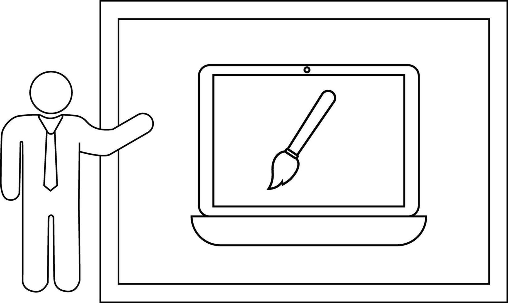 Image shows a stick figure presenting a laptop displaying a paintbrush in a framed setting vector