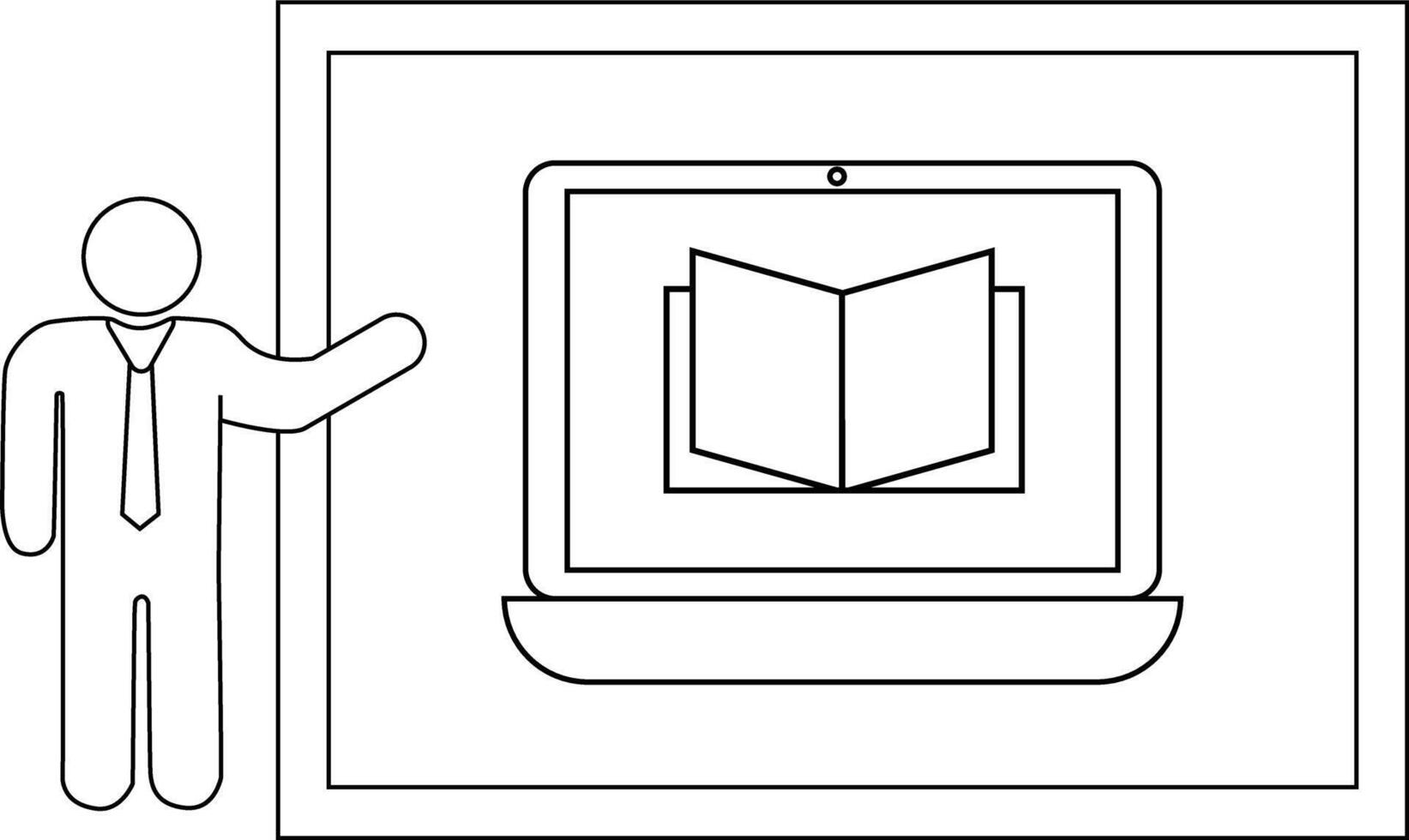 Man presenting laptop with book image on screen against framed background vector
