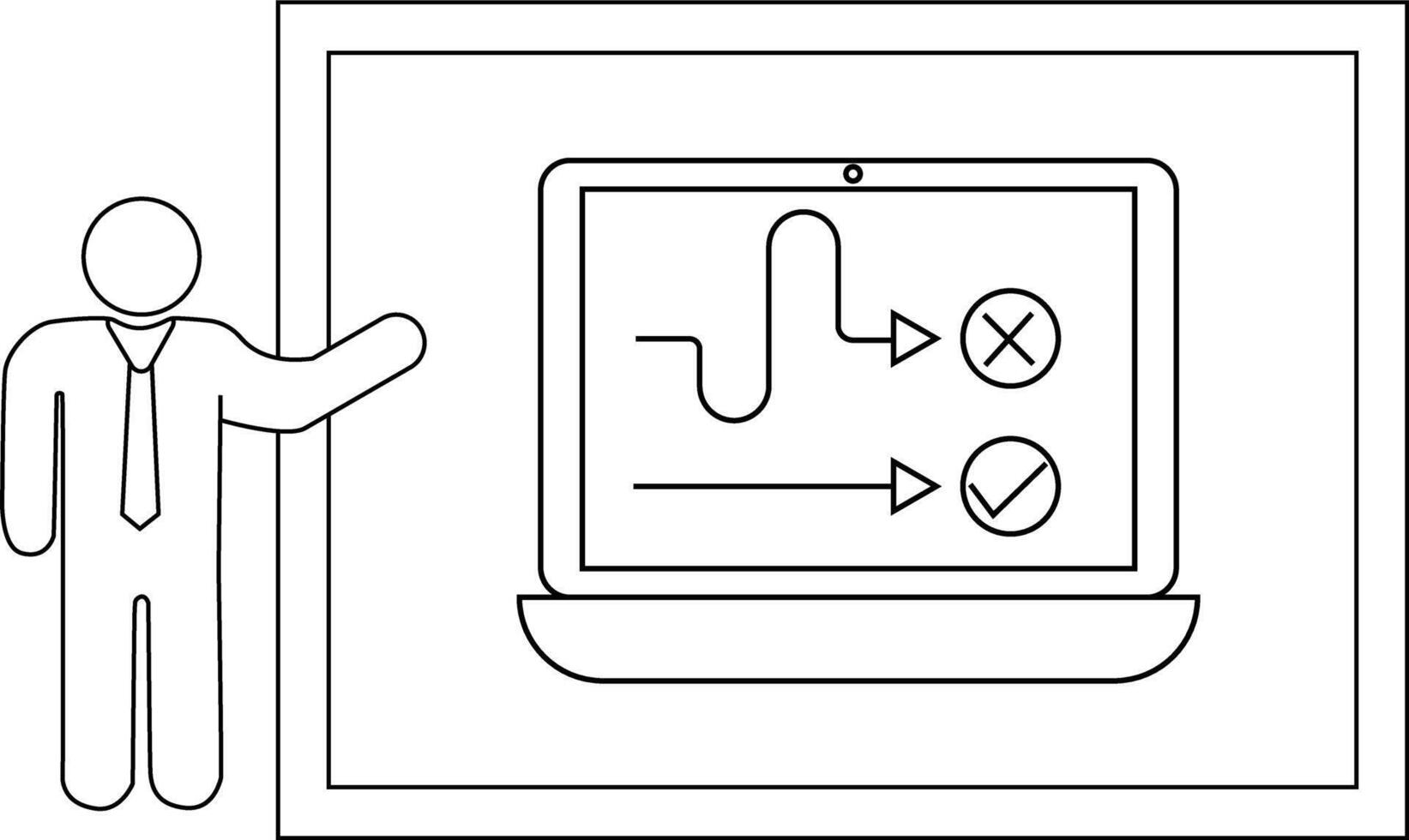 Stick figure gestures toward a laptop screen displaying workflow arrows and symbols framed by a whiteboard vector