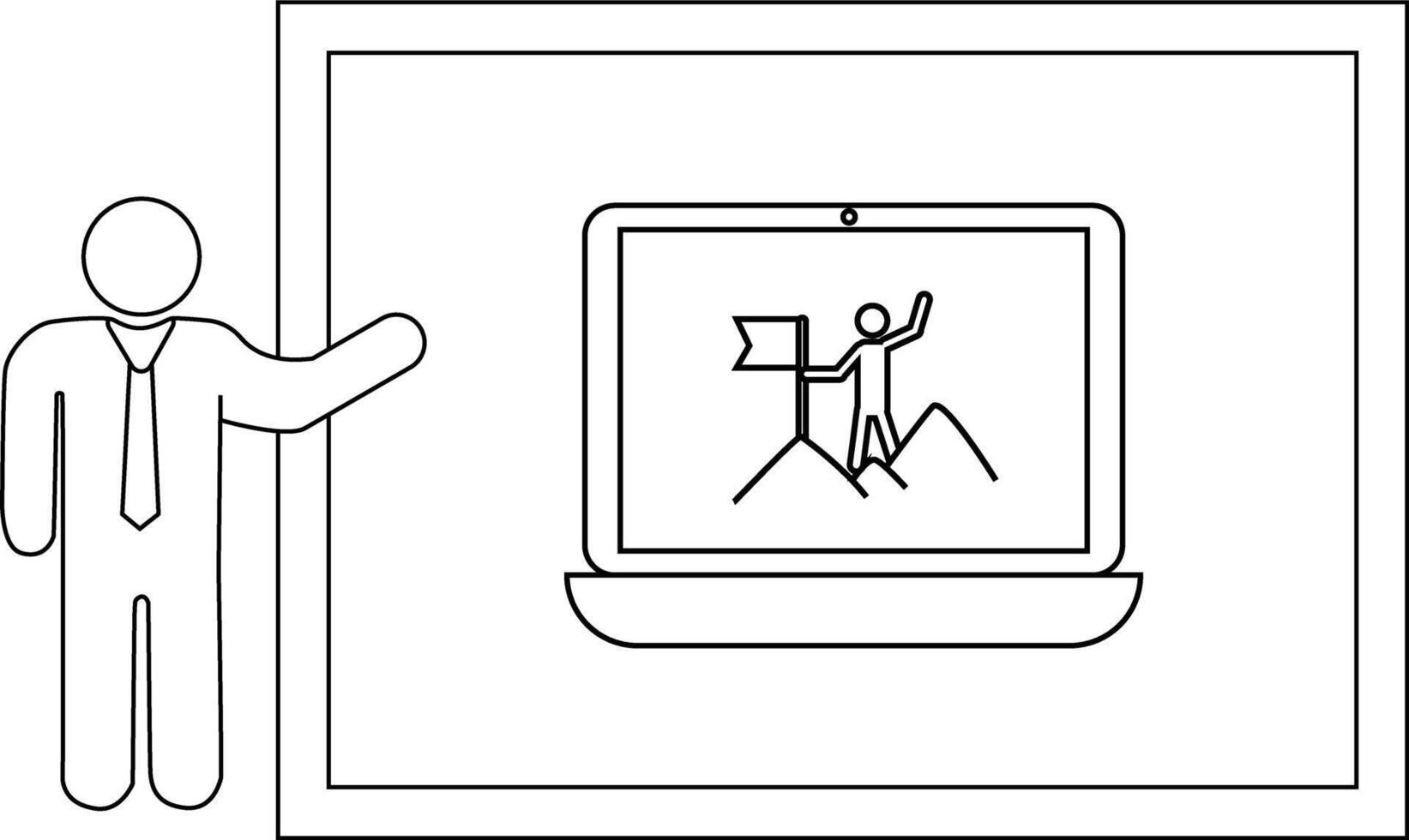 Stick figure presenting a laptop showcasing a stick person atop a mountain with a flag against a backdrop vector