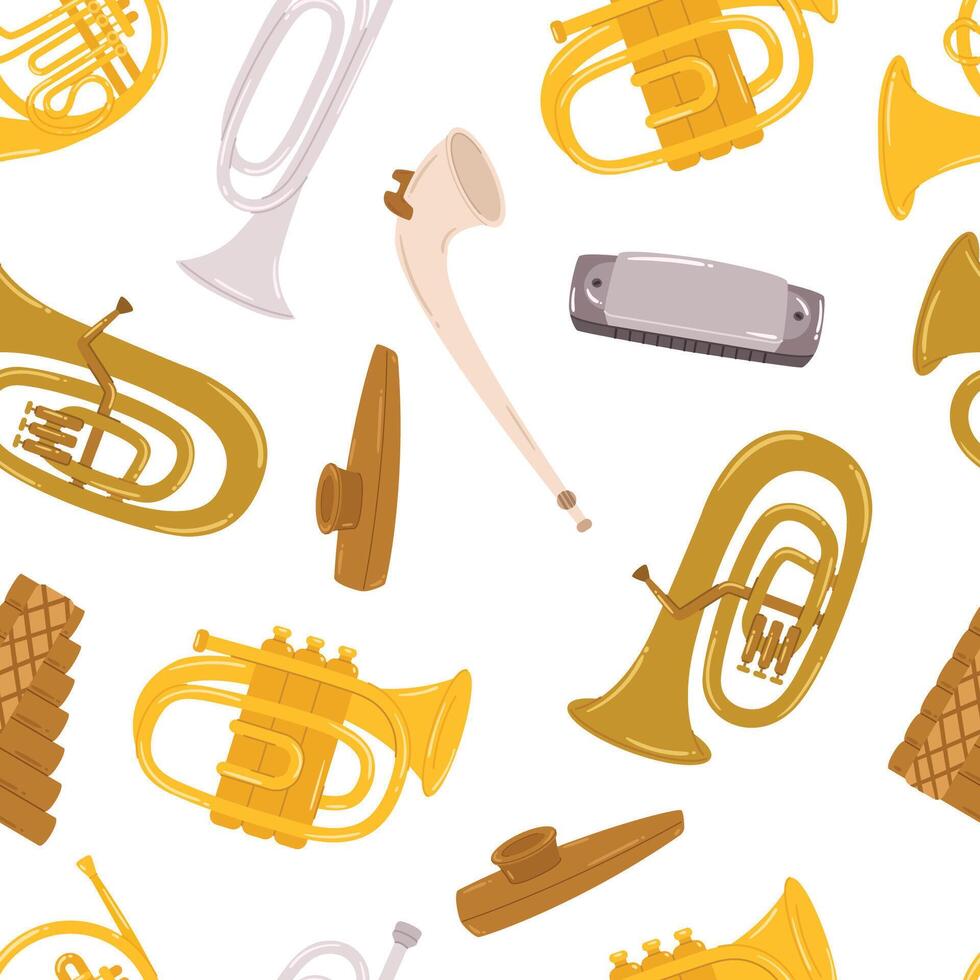 Whimsical Seamless Pattern Featuring Vibrant Wind Instruments In Playful Arrangement, Creating Lively And Musical Design vector