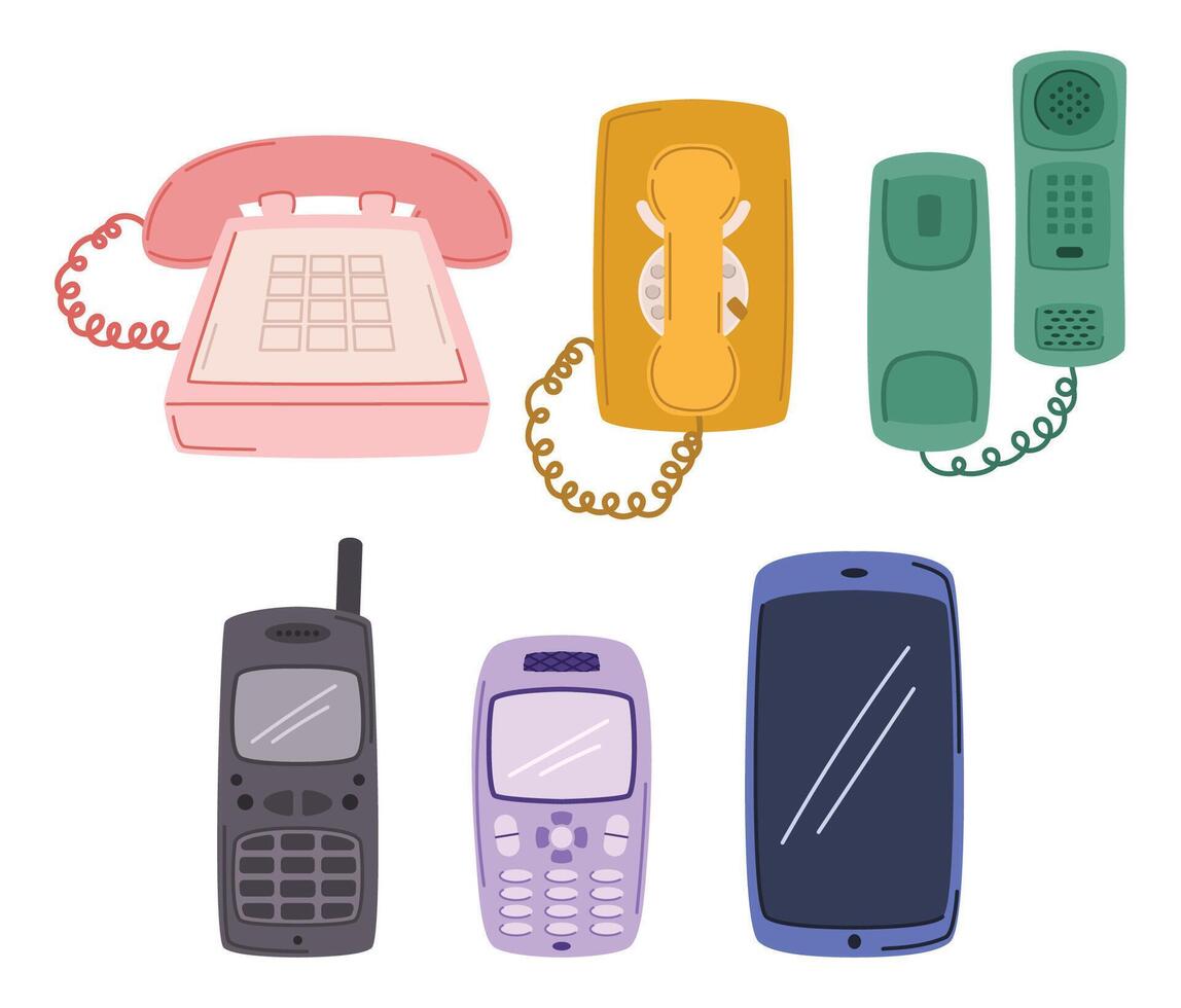 Telephone Collection Showcases A Diverse Array Of Vintage Rotary, Push-button And Digital Models, Illustration vector