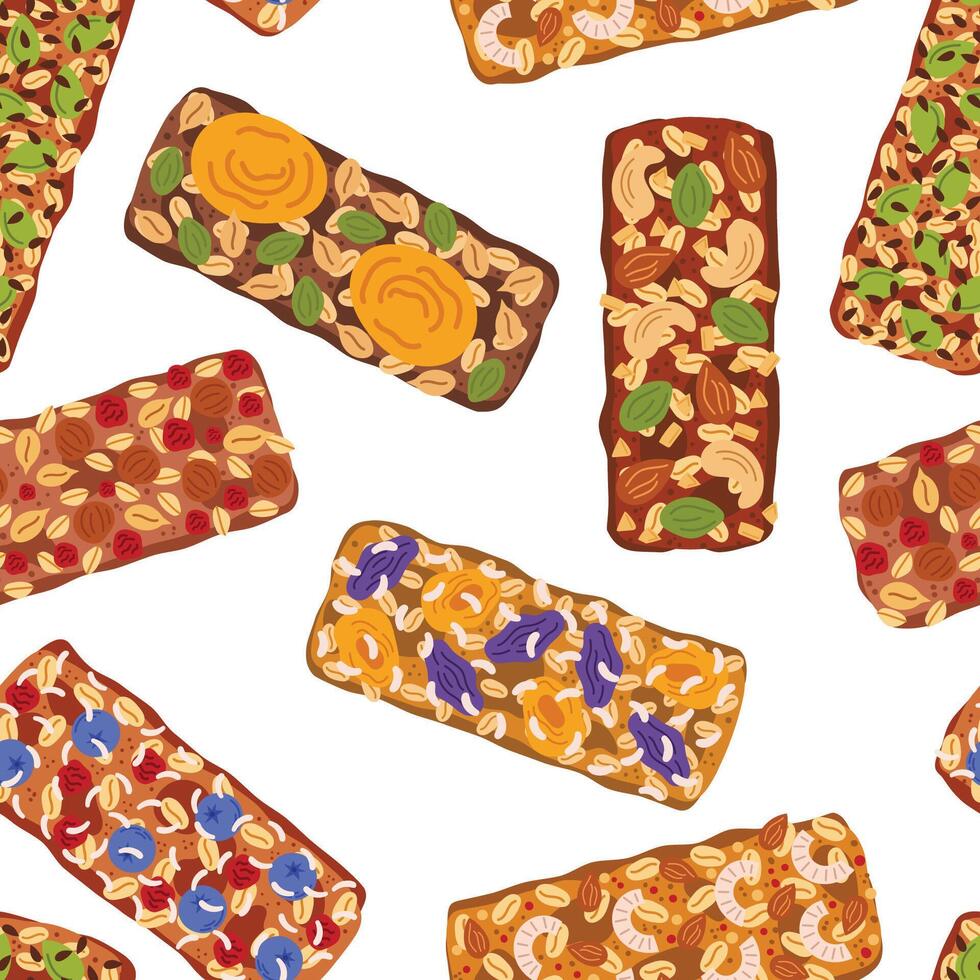 Seamless Pattern With Colorful, Appetizing, Wholesome Granola Bars, Arranged In A Delightful And Balanced Composition vector