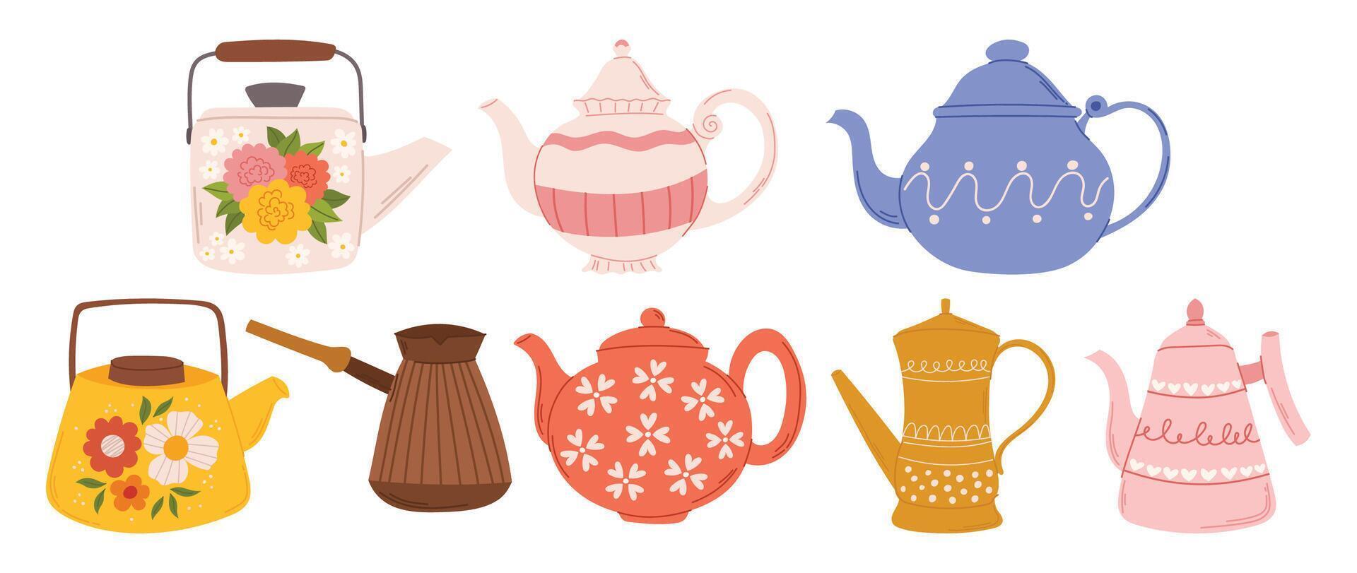Whimsical Array Of Teapots, Each Telling A Unique Story Through Its Shape And Design. From Classic Elegance To Quirky vector