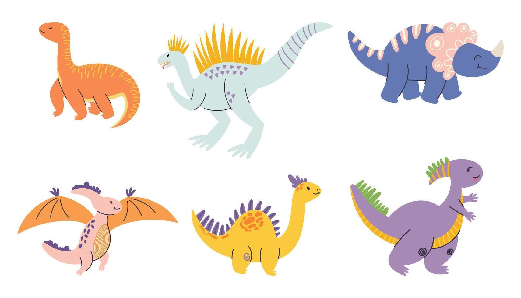 Whimsical Set Of Cartoon Dinosaur Characters, Perfect For Adding A Prehistoric Charm To Projects. Dino Personages vector