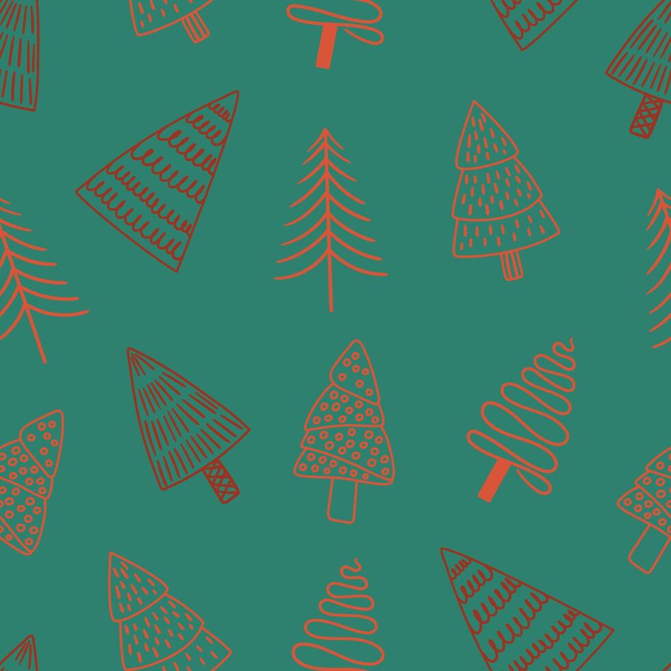 Festive Seamless Pattern Adorned With Charming Doodle Christmas Trees On Green Background. Wrapping Paper vector