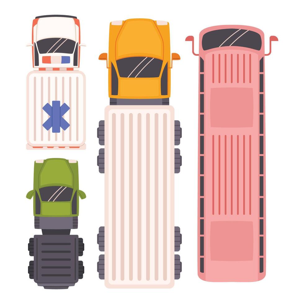 Top View Of A Bus, Van And Trucks, Delineating Their Distinct Aerodynamic Design, Configuration, Illustration vector