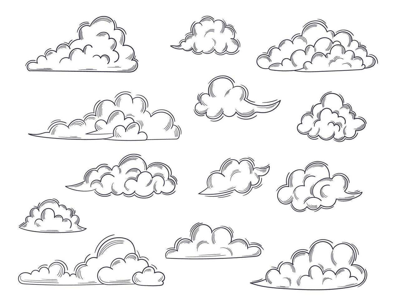 Sketch Fluffy Clouds With Soft, Billowing Shapes, Inviting Daydreams And Relaxation, Drifting Lazily Across The Open Sky vector