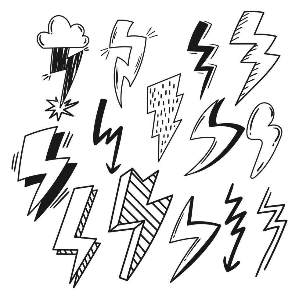 Electrify Your Designs With Lightning Icons Set. Dynamic Collection Featuring Linear Striking Bolts And Flashes vector