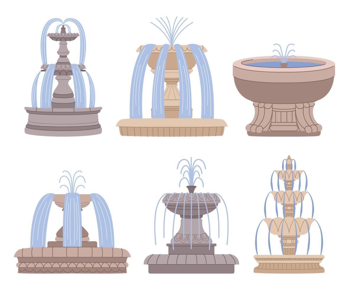 Fountains Collection. Array Of Captivating Water Features, Blending Artistry And Functionality, Set vector