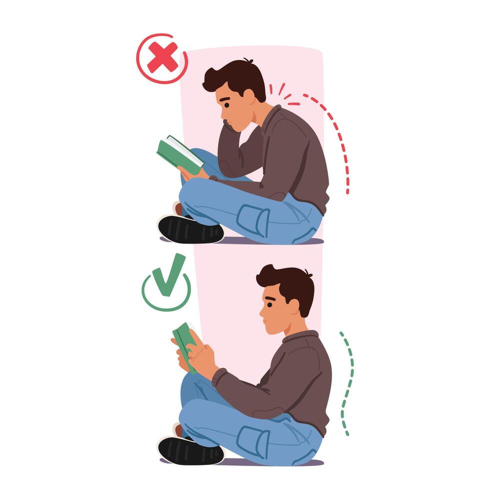 Man Engrossed In A Book Sits On Floor With Proper And Improper Body Postures. Right Pose Involves Sitting vector