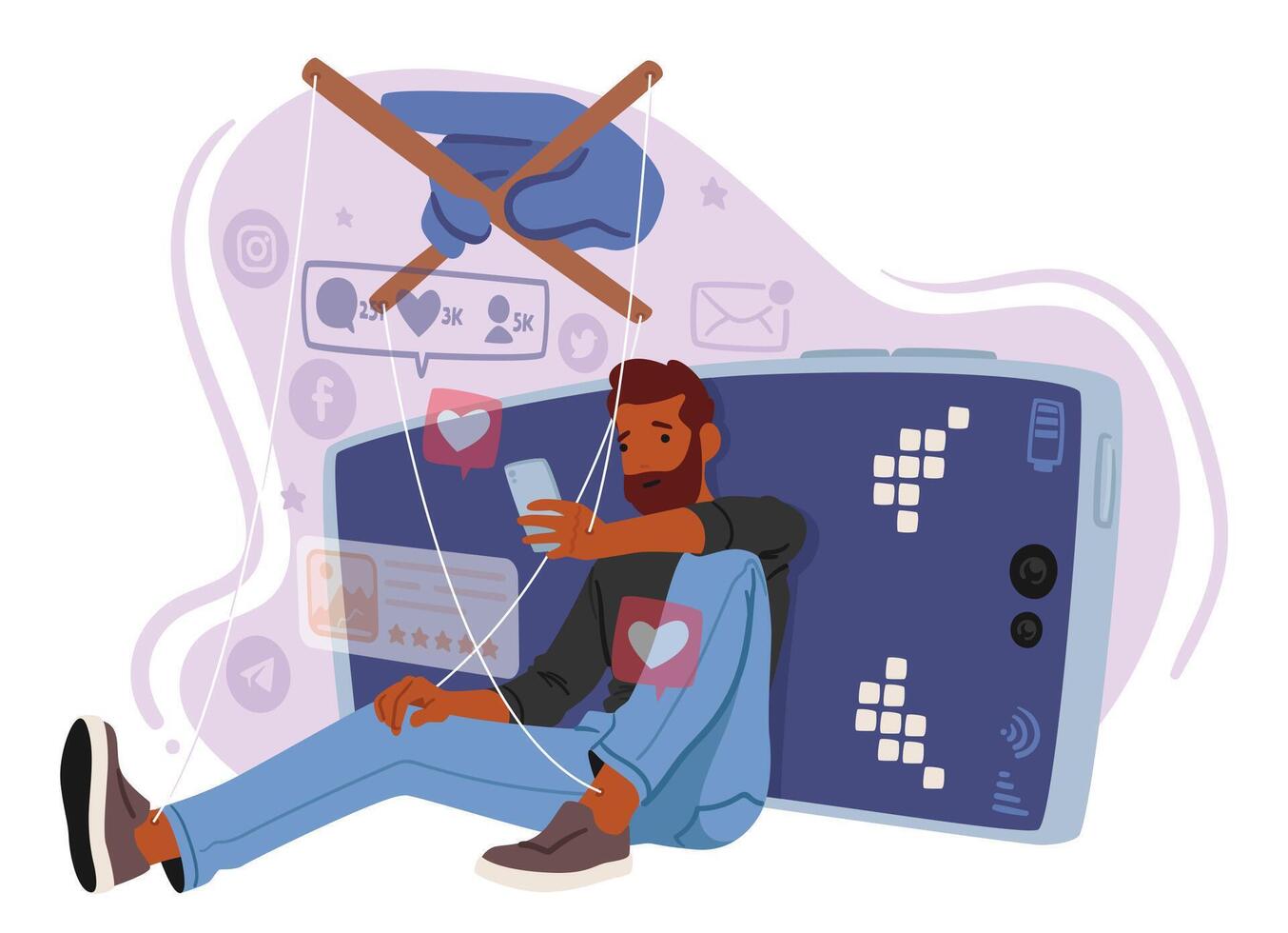 Marionette Of Addiction, Strings Entwined With A Cellphone, Portraying A Man Enslaved To The Digital World, vector