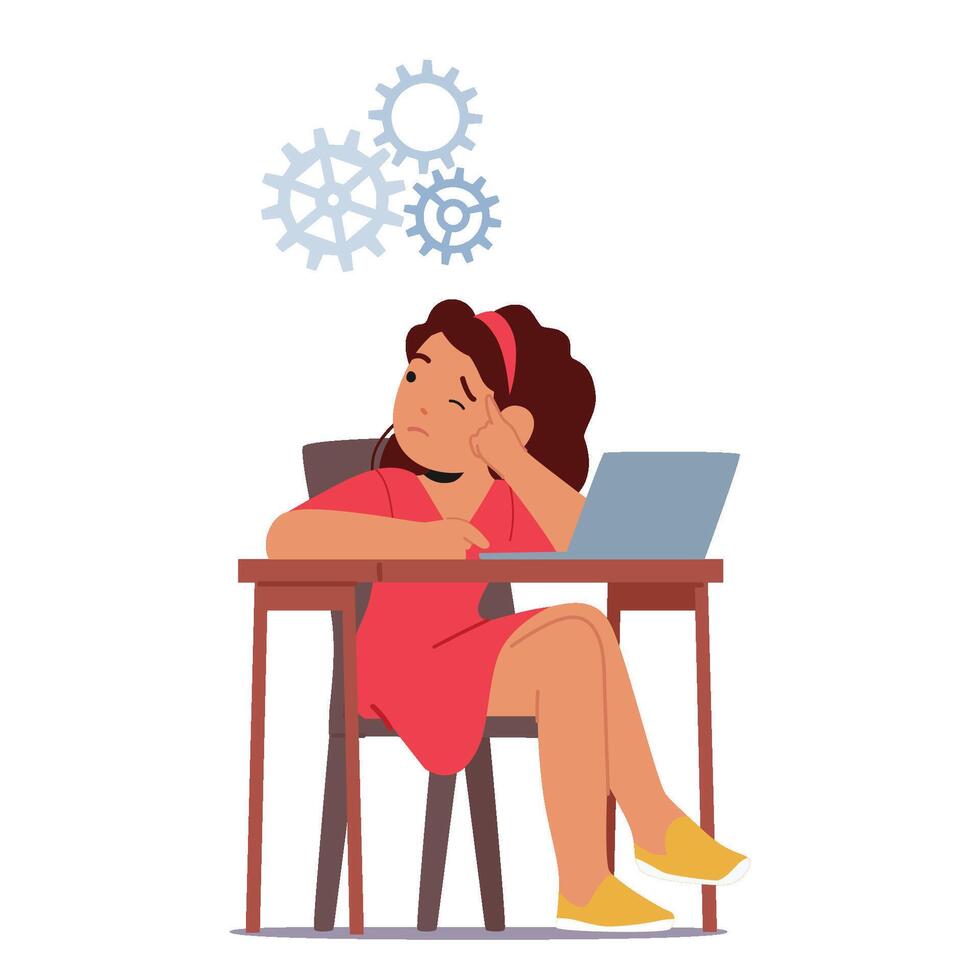 Perplexed Child Character Sit At The Desk With Laptop. Puzzled Expression Mirrors The Confusion, Illustration vector