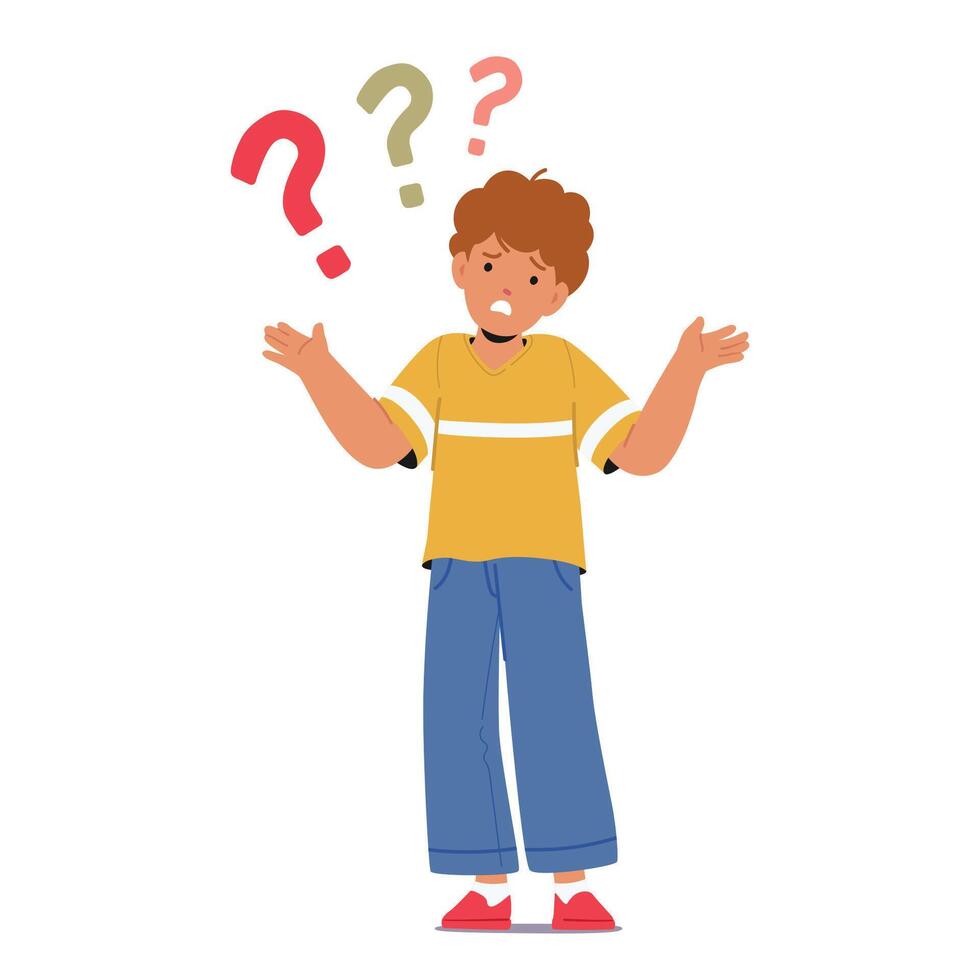 Bewildered Boy Stands With Question Marks Hovering Above His Head, Lost In A Sea Of Uncertainty. Little Curious Kid vector
