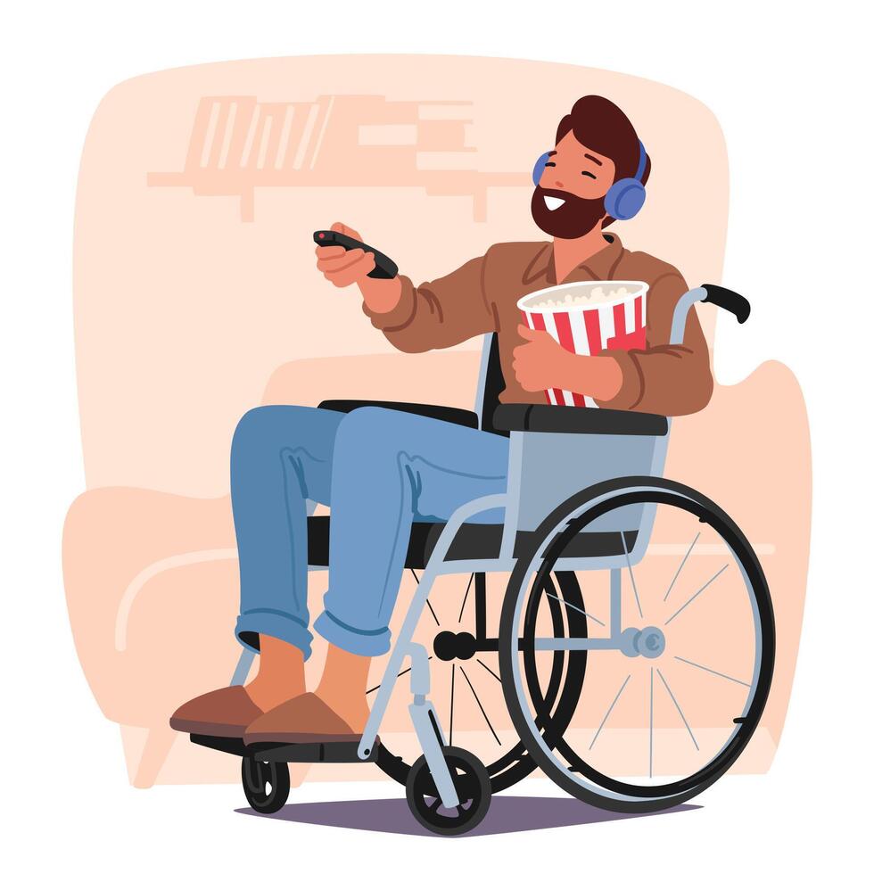 Man In A Wheelchair Enjoys A Movie Night With Popcorn, His Eyes Fixed On The Screen, Savoring Each Moment vector