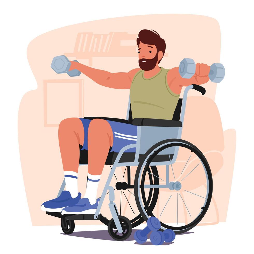 Determined Man In A Wheelchair Engages In Empowering Exercises With Dumbbells. Male Character Showcasing Resilience vector