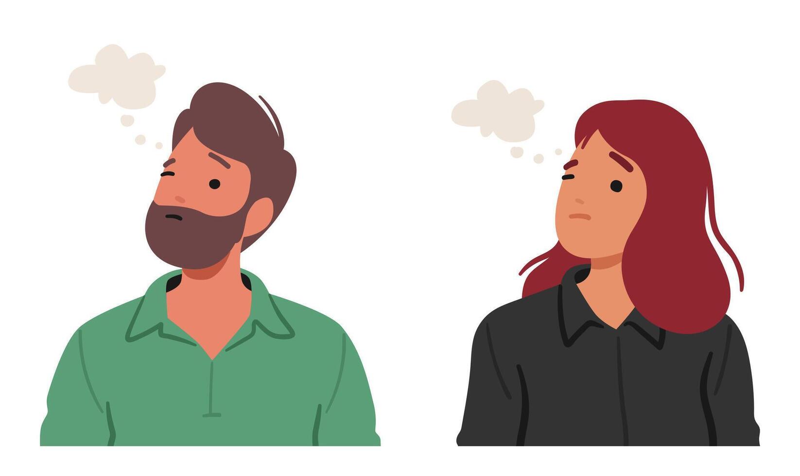Man and Woman With Contemplative Expression, Brows Slightly Furrowed, Deep In Thought, Illustration vector