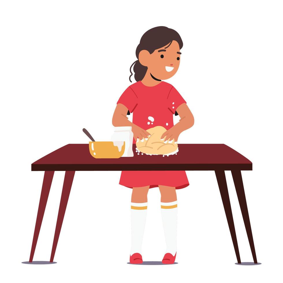Charming Scene Unfolds As A Little Chef In Process. Girl Character Kneads Dough With Tiny Hands, Face Lit Up With Joy vector