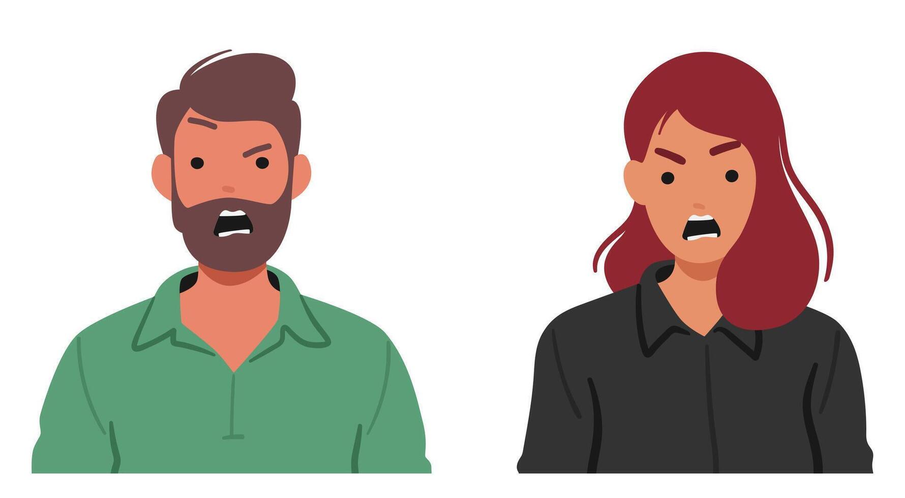 Man And Woman With Furious Faces Yelling, Eyes Ablaze With Anger, Lips Parted In A Fierce Expression vector