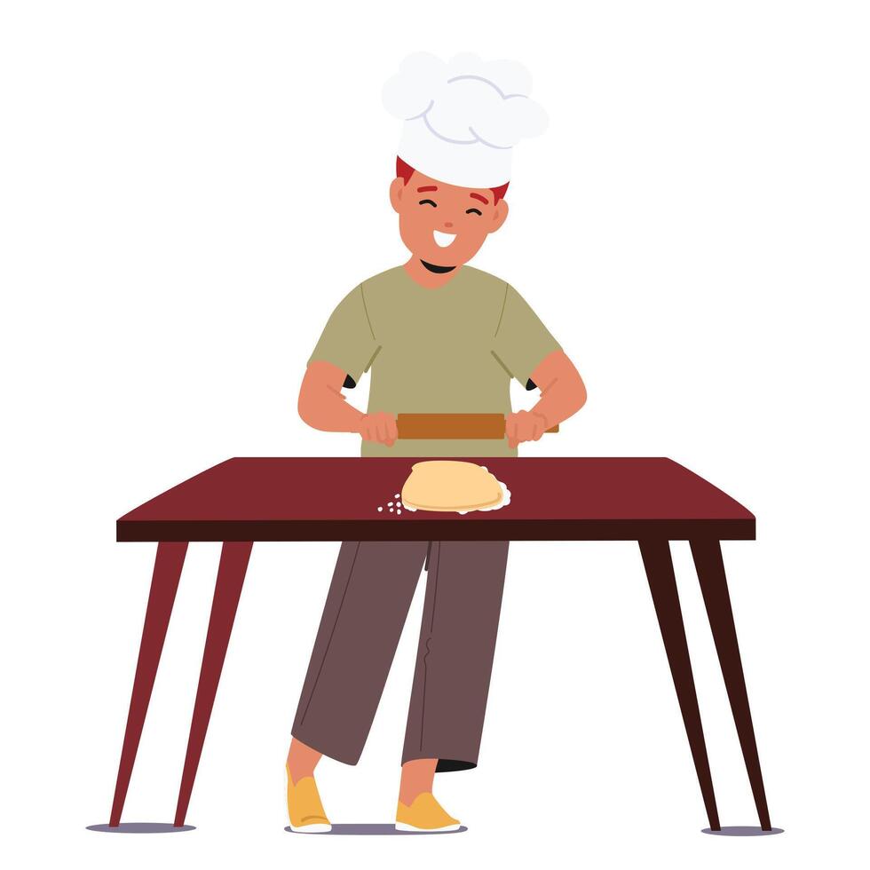 Little Chef In Chief Hat, Eager And Adorable, Rolls Out Dough With Pin Roll, Creating Culinary Magic In The Making vector