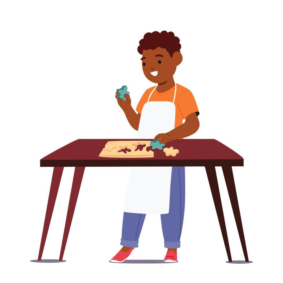 Adorable Scene Little Child With Flour-dusted Fingers And Beaming Smile, Joyfully Cutting Dough, Creating Cookies vector